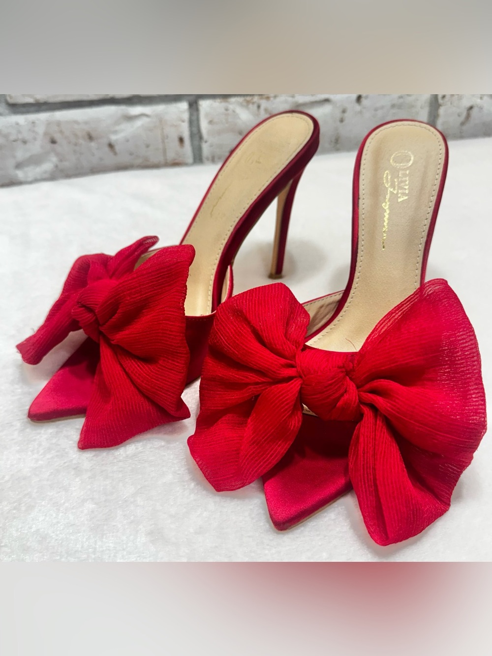 ❤️Olivia Red Pointed-Toe Bow Stiletto Mules Formal Bridal Size 6.5